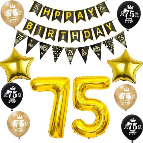 Luftballon 75. Geburtstag Dekoration Mann frauen Schwarz Gold 75 Geburtstag Mann Party Deko geburtstagsdeko 75 jahre frauen 75 Geburtstag Banner Wimpelkette 75 Geburtstag männer Dekoration
