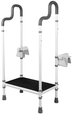 Step Stool for Bathtub with Handle, Non-Slip Step Stool with Handle for Elderly, Shower Steps for Seniors, Steps for Bathtub with Adjustable Assist Handle, Wide Platform