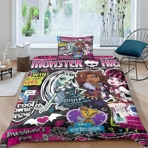 GDEKCIEAS Monster High Bettbezug Set Mädchen Junge Kinder 3D Gedruckter Animierte Figuren Bettwäschegarnitur Weich Microfaser Reissverschluss Bettwäsche Und Kissenbezüge 3 Teilig Single（135x200cm）