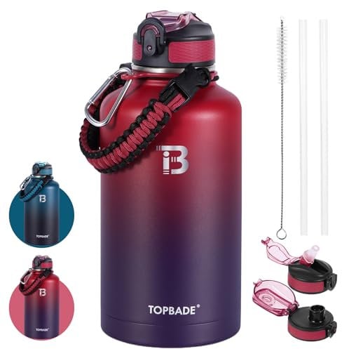 TOPBADE Bouteille isotherme en acier inoxydable avec 2 couvercles (paille et bec), poignée en paracorde, anti-fuite, conservation du chaud 24 h et froid 48 h, 1,9 l
