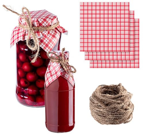 KADAX Schmuckdeckchen für Einmachgläser, dekorative Deckchen mit Jutekordel für Marmeladengläser, Marmeladendeckchen aus Papier (Rotes Karomuster, 50 Stück)
