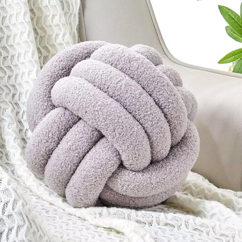 Neegaurd Rund Knotenkissen, 28cm Ball Dekokissen, Boucle Knoten Zierkissen Aesthetic Sofakissen aus Lamm Samt, Bett Deko Kissen Runden für Kind Schlafzimmer (Grau)