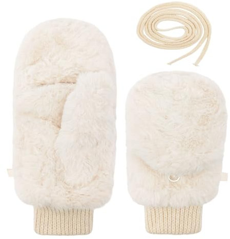 UILYNIU Damen Fäustlinge, Halbfingerhandschuhe mit Kappe, Warm Winterhandschuhe, Kunstpelz Handschuhe, Halbfinger Fäustlinge, Thermohandschuhe, Fingerlose Handschuhe, Winter Handschuhe Damen (Weiß)