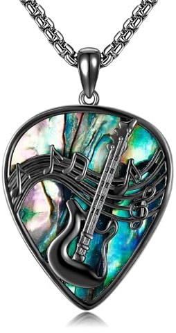 VENACOLY Gitarren Plektrum Kette 925 Sterling Silber Abalone Muschel Schwarzer Gitarren Anhänger Halskette Musik Schmuck Geburtstags Geschenke für Gitarristen Damen Männer