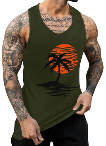 IWOLLENCE Tank Top Herren Baumwolle Printed Muskelshirt Ärmelloses Shirt Sommer Hawaii Hemd Lockeres Tanktop (Armeegrün Sonne Palm, XL)