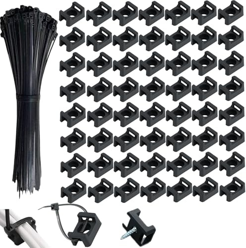 Kabelbinder Set, 100 Stück Kabelbindern Schwarz, Kabelbindern 200mmx3.6mm mit 100 Kabelbinderhalterungen, Kabelbinder Wiederverschließbar, Kabel Binder uv Beständig, für Kabel-Management