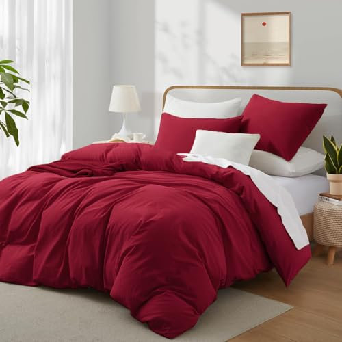 Boqingzhu Baumwolle Bettwäsche 135x200cm Rot Einfarbig Uni Ästhetik Einzelbett Weich Renforce Bettwaren Bettbezug 135x200cm und 1 Kissenbezug mit Reißverschluss
