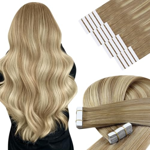 YoungSee Echthaar Extensions Tape Braun Ombre 60 cm Invisible Tape Extensions Echthaar Blond Balayage Braun Tapes Haarverlängerung Echt Haar fur Damen Tapes Haarextension 50g 10A/60/10A