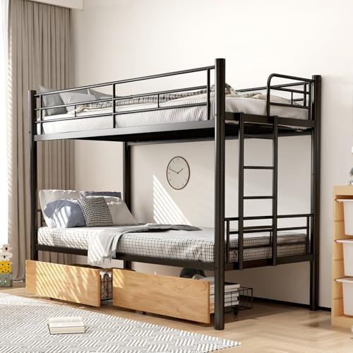SANEIOUI Etagenbett Erwachsene Doppelstockbett Hochbett 90x200cm mit Sicherheitsgeländer, Hochbetten Metallbett mit 2 Schubladen & Anti Rutsch Treppe, Schwarz (A-mit 2 Schubladen)