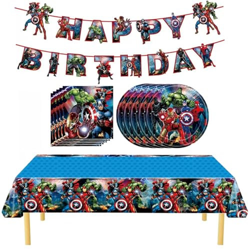 32 Pack Birthday Party Tableware Set, Decoration for Kids With 1 Tablecloth, 10 Plates, 20 Napkins, 1 Banner Party Favor Supplies (blue)