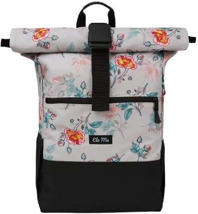 Ela Mo® Rolltop Rucksack Damen - Rollrucksack Anti Diebstahl für Sport & Reisen - Laptoprucksack für Schule, Uni, Business - Mit USB Anschluss & kompaktem Flaschenhalter - Roses For You