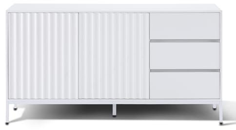 LARFOEK Sideboard, Küchenschrank mit 3 Schubladen und 2 Türen, Buffetschrank mit Verstellbarer Einlegeboden, Küchenbuffet für Wohnzimmer, Esszimmer, 150 x 40 x 79 cm, Weiß