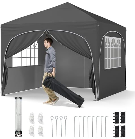 GOPLUS Tonnelle de Jardin Exterieur 3 x 3 M, Barnum Pliant 3x3 Gazebo avec 3 Bâches Latérales, Porte Poids Lestage, Sac roulettes, 4 Cordes, 8 Piquets(Gris)