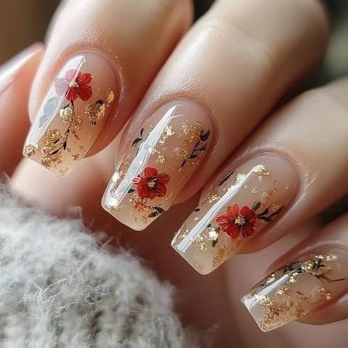 Shimmerz 24 Piece Medium Press Nails with Floral Patterns Red Rose Gold Glitter Summer Nail Art Decoration for Women and Girls Manicure Decoration