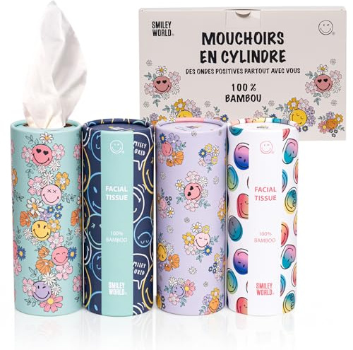 SmileyWorld Taschentücher – Zylinderbox – 100% Bambus, 3-lagig – Nachhaltige Taschentücher - Kompakte Größe für Auto, Schule, Rucksack,Zuhause & Reise - Set mit 12 Zylindern