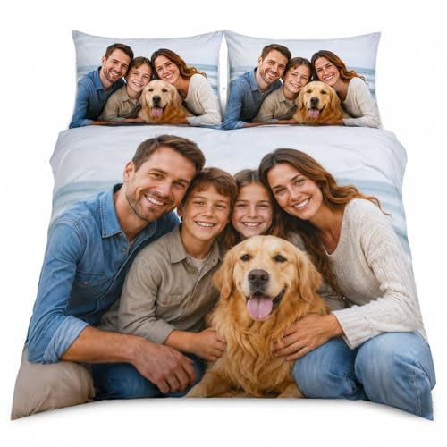 SENSING Personalisierte Bettwäsche mit Foto & Text, Bettbezug mit eigenem Bild, Mikrofaser Bettbezug-Set mit Reißverschluss, individuelles Geschenk für Paare, Familie & Kinder