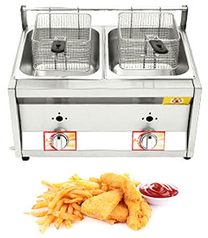 MZBDYYF Friteuse commerciale à gaz GPL à deux réservoirs avec panier de 10 L x 2 et couvercle en acier inoxydable, propane GPL de grande capacité avec tube en métal pour frites, maison, cuisine