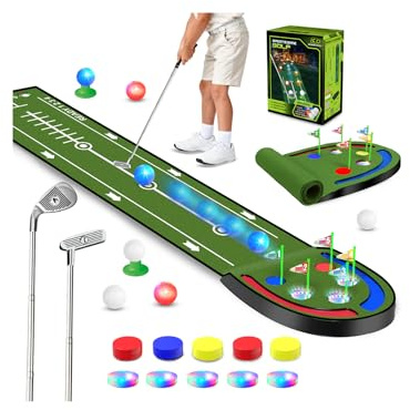 VATOS Upgraded Golf Putting Mat Indoor for kids - Golf Game Set with LED Balls, Glow Cups, Irons & Putters, Portable Putting Green Outdoor for Home Backyard Office Party, Golfing Gifts for Kids Adults