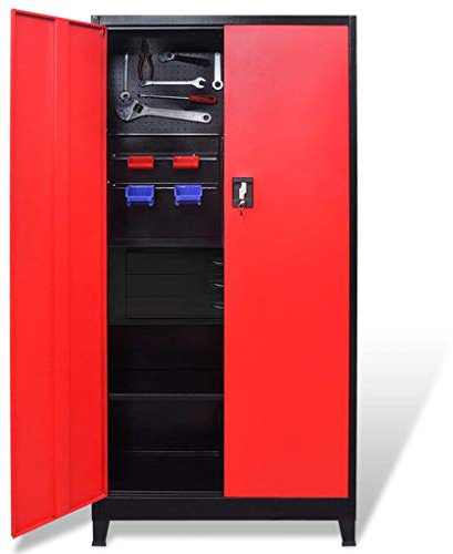 Makastle Armoire à Outils Murale avec 2 Portes Verrouillables et 3 tiroirs, Étagère de Rangement, Convient aux Ateliers, Garage, 90x40x180 cm Rouge et NoirAcier