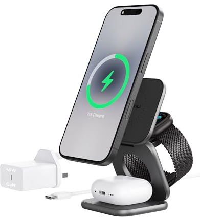 KU XIU X40 Turbo Qi2.2 Certified 25W Magnetic Wireless Charger, Foldable 3 in 1 Travel Charging Station for iPhone 17/16, for iWatch, Aluminum Alloy Design, 45W GaN Adapter Included,Gray