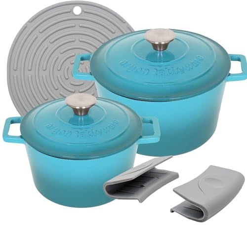 Argon Tableware Round Cast Iron Casserole Dish Set with Self-Basting Lid - 2.8L / 4.5L - Teal Ombre - 2 Piece Induction Hob Cooking Dutch Oven Bread Baking Serving Roasting Stew Stock Pot Cookware