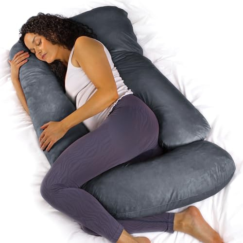 Aamira J Shaped Pregnancy Pillow, Memory Foam, Velvet Cover, Dark Grey | 140 x 70 x 20cm maternity pillow with shredded memory foam, full-body J-shape support and removable machine-washable cover.