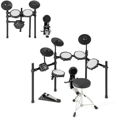 KOMFOTTEU E-Drum Sets mit 225 Sounds, E-Schlagzeug mit 30 Demos, 9 Metronome und Midi, Musikinstrument mit verstellbarem Hocker und Kopfhörer, Komplettset faltbar für Erwachsene, Kinder