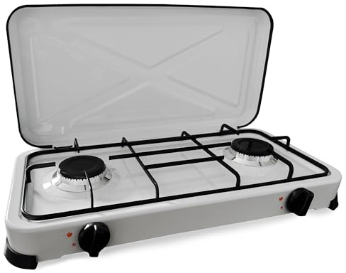 ESTO Fornello per GPL 2 Fuoco Portatile - No metano in Rete – Piano Cottura Compatto da Campeggio, Cucina Esterna, Alta Efficienza, Struttura Robusta, Ideale per Outdoor, Camping, Viaggi (2 Fuochi)