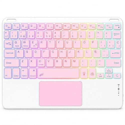 Teclado Bluetooth con Touchpad para iPad,Teclado Español Ñ Luz para Tablets | Teclado Inalámbrico Retroiluminado para Android,iOS,Teclado con 7 Colores Recargable Portátil QWERTY para iPad,Samsung,Huawei