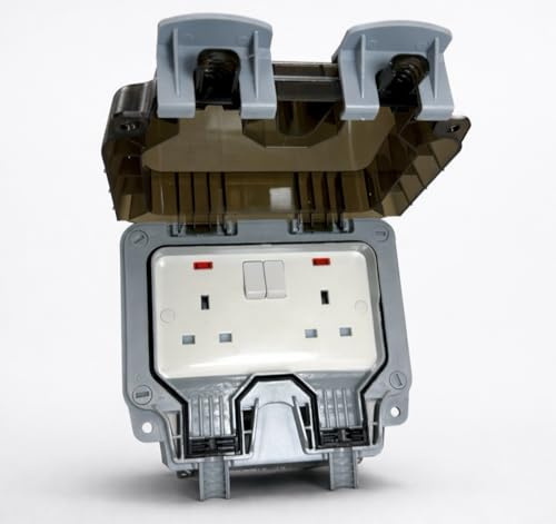Outdoor Socket Double Waterproof IP66 13A 2 Gang Switched Weatherproof Outside Plug Socket Wall Electrical Outlet Grey
