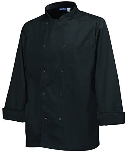 Genware NJ19-M Chef's Basic Stud Long Sleeve Jacket, Black, Medium