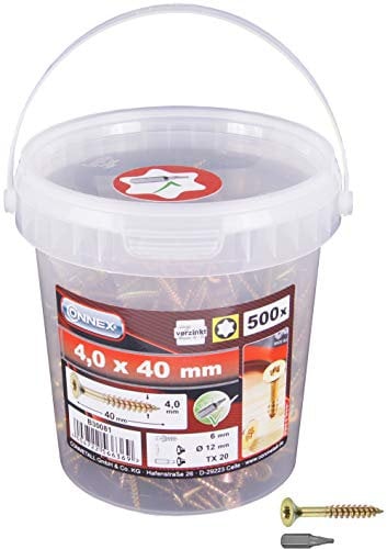 Connex Universalschrauben 4,0 x 40 mm - 500 Stück im Set - Senkkopf - TX-Antrieb - Teilgewinde - Gelb verzinkt - Inkl. Bit / Schrauben-Set / Schrauben-Eimer / B30081