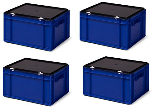 Transport-Stapelboxen-Set (4 St.) / Lagerbehälter KTK 400/210-0, blau, mit schwarzem Verschluß-Deckel, Abm. 400x300x221 mm (LxBxH)