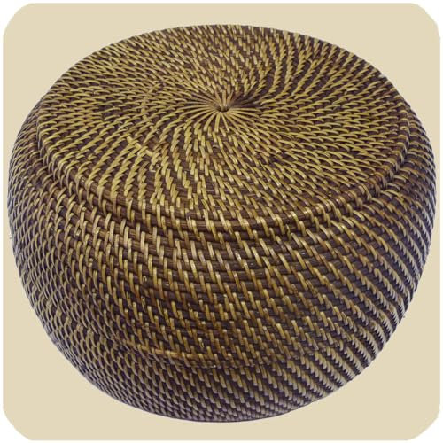 Simandra Korbschale mit Deckel aus 100% Ata, Rattan Palme, dekorative Unikate Korb-Schale Holz-Korb Allzweckkorb Handarbeit Natur rund 33x20 cm