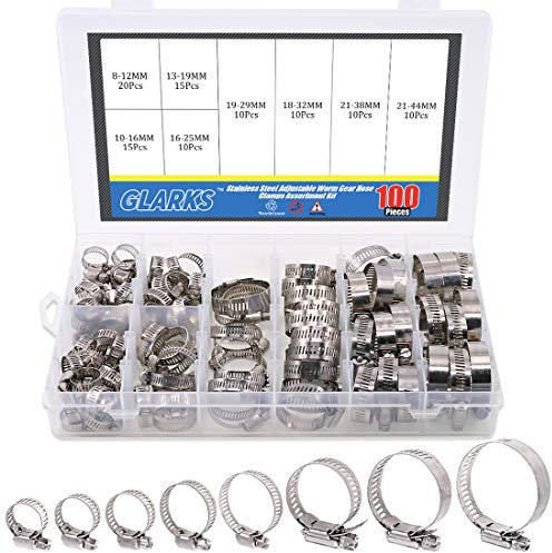 Glarks 100 Stück Edelstahl Schlauchschellen Schlauchklemmen einstellbare Schlauch Clips Rohrschellen Schlauchklemmen Sortiment für für Haus Gas Rohr, Wasser Rohr, Tank, Automobil-Tubing