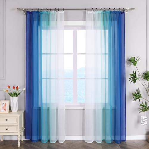 ESLIR Gardinen mit Kräuselband Vorhänge Gardinenschals Transparent Stores Gardinen Farbverlauf Voile Blau BxH 140x245cm 2 Stück