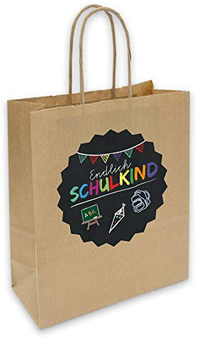 itenga Geschenkverpackung Einschulung Geschenktüte aus Papier inkl. Sticker Aufkleber Endlich Schulkind Tafel rund (schwarz)