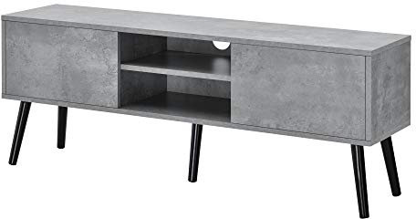 Meuble TV Design Support Télé Banc avec 2 Portes et 2 Étagères Panneau de Particules Mélaminé Pieds en Bois avec Revêtement PVC 120 x 30 x 47 cm Effet Béton Noir