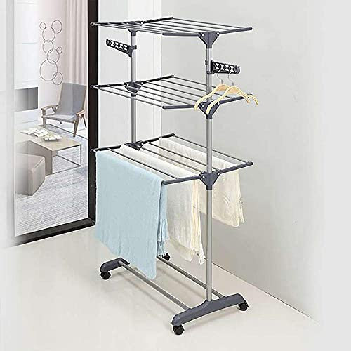 YIZHE Trockenständer mit 6 Rollen, mit 2 Flügel,Edelstahl Mobiler Turm, Turmwäschetrockner,Schuhablage ,Luftstrom-Wäscheständer,Stabiler,3-Tier Collapsible Dry Rack für Kleidung