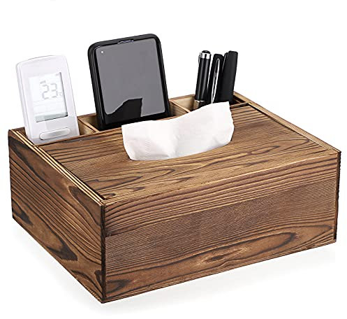 SUMTREE Vintage Rechteckige Taschentuchbox aus Holz mit 3 Fächern für Schreibwaren Fernbedienung Taschentuchspender Aufbewahrungsbox Taschentuch-Organizer Deko(Braun,Groß)