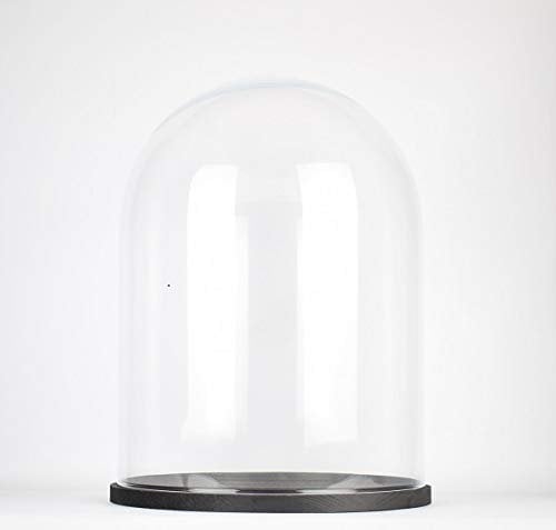 EMH Grande cloche en verre transparent faite à la main avec base en bois noir 30 x 25 cm