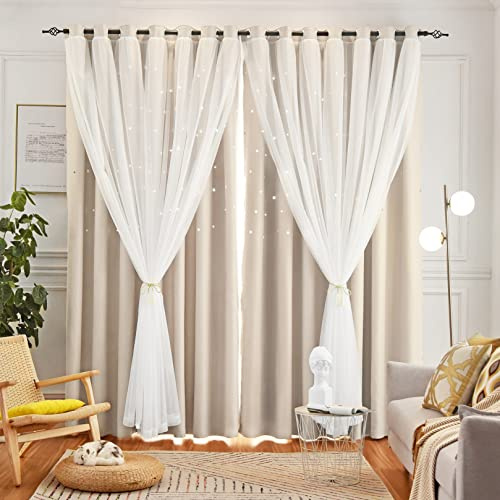 Loyala Vorhänge Vorhang Kinderzimmer Sterne Vorhänge für Kinder, Doppellagig Sternausschnitte Vorhänge, Dekoration für Schlafzimmer, 2 Paneele, Beige, 133 x 160 cm