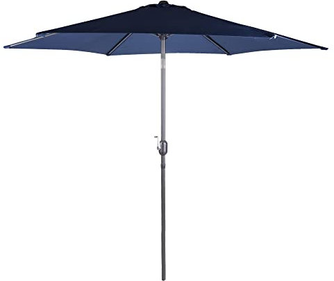 Alfresia 2,7 Meter Sonnenschirm – rund mit Druckknopf-Kippfunktion, Tisch-Sonnenschirm für den Außenbereich mit Kurbelgriff, Garten-Terrassen-Sonnenschutz, blau, einfache Montage