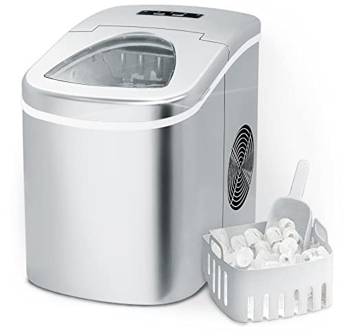 Smad Eiswürfelmaschine, Eiswürfelbereiter, 12kg 24h, Produktionszeit 6-8 min, Ice Maker 2,2 Liter Wassertank, mit Eisschaufel und Korb, Silber