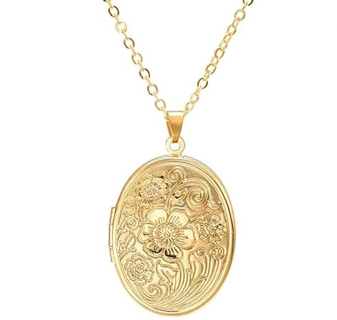 HMOOY Collier Médaillon, Collier Pendentif Médaillon Forme Coeur Gravé qui Contient Images Collier Médaillon Photo Personnalisé Collier Mémoire pour Femme (Ovale-Or)