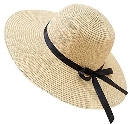 Generic Sonnenhut Damen UPF 50+ Strohhut Faltbarer Sommerhut mit Breiter Krempe und Schleife, Atmungsaktiv Hut Schlapphut Mädchen Strand Mütze UV-Schutz Kappe für Reise, Beige, Einheitsgröße