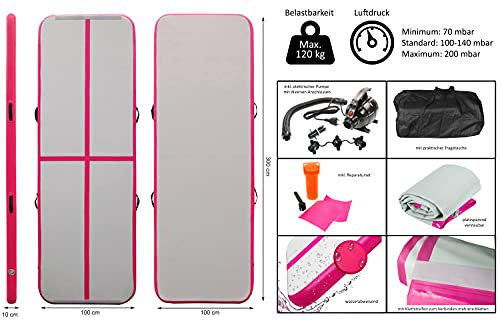 Airtrack/Tumbling/Gymnastik Matte Turnmatte in Pink, aufblasbar, rutschfest, wasserfest, stoßdämpfend, Länge: 3m, Breite: 1m, Höhe: 10cm, inkl. elektr. Pumpe/Tasche/Reperaturset (3m x 1m x 10cm, Pink)