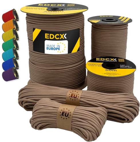 EdcX Paracord 550 4mm, 35+ Solid Colors (10m, 15m, 30m, 50m, 100m, 300m) | Tan, 300 m – 100% Nylon Rope 4mm, Type III 7 strand | Survival, Camping, Bushcraft, Crafts | Made in EU