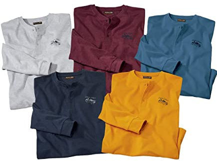 ATLAS FOR MEN - Pack de 5 Camisetas Manga Larga Hombre - Elegantes de Cuello Abotonado en V - Colores Variados y Serigrafía - Mangas Dobladillo Canalé - Disponibles en Tallas Grandes de la M hasta 5XL