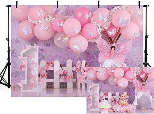 AIBIIN 2,1 x 1,5 m Böhmen Thema Hintergrund Mädchen 1. Geburtstags Feier rosa Ballon Blume weiß Schmetterling Zelt Fotografie Hintergrund Boho Stil Kinder-Showr Kuchen Tisch Dekoration Banner